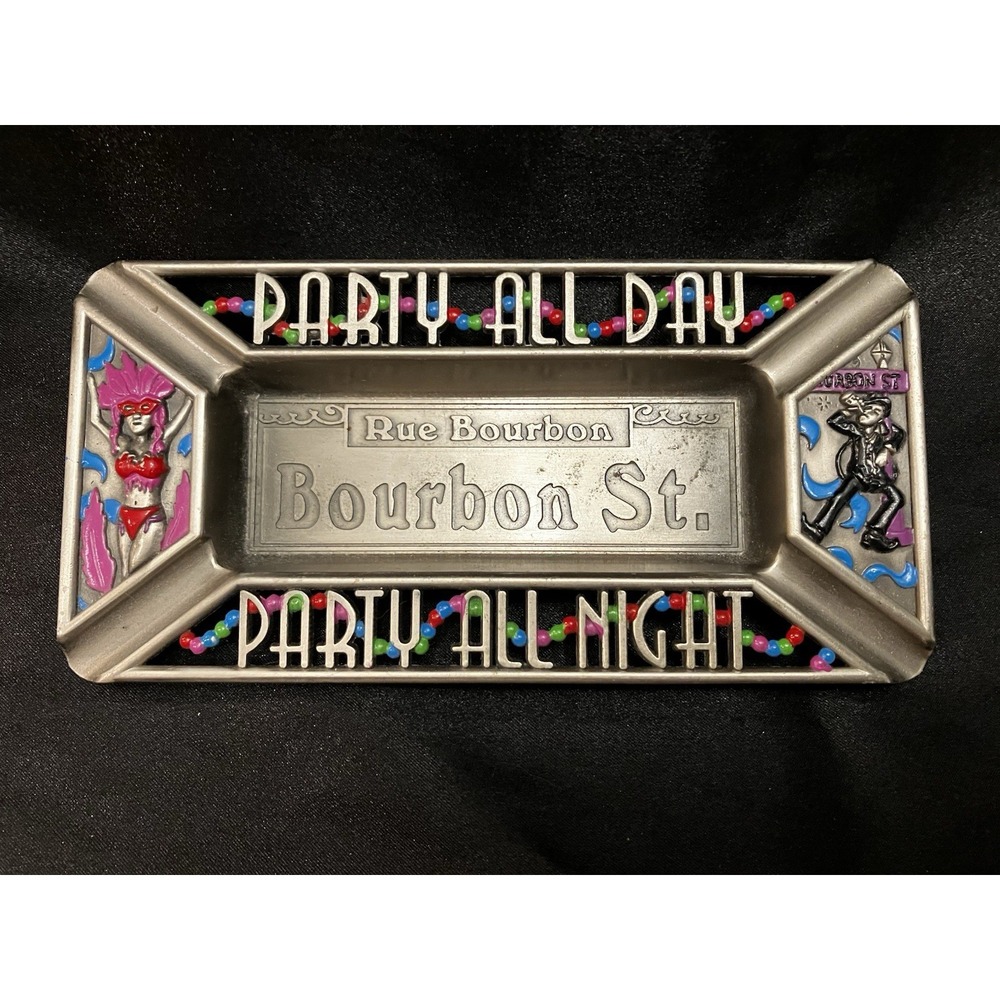 VTG Mardi Gras New Orleans Pewter Ashtray Trinket Rue Bourbon Street Showgirl